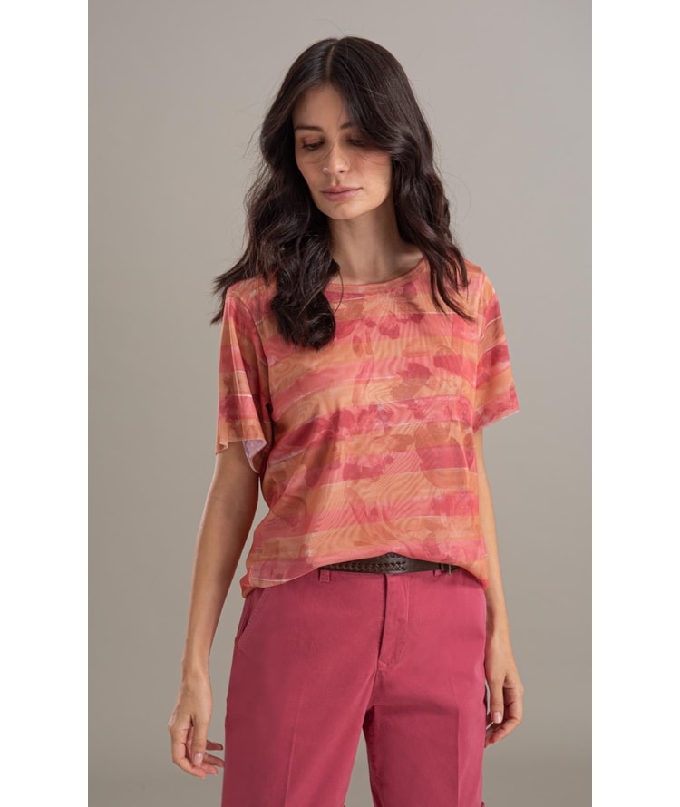 Blusa Manoela Tule Estampa Listra Flor Laranja