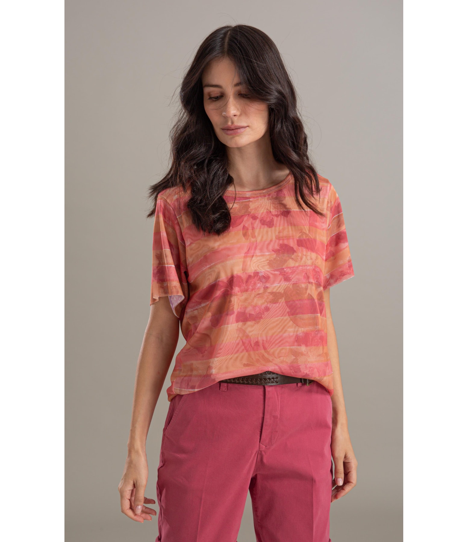 Blusa Manoela Tule Estampa Listra Flor Laranja