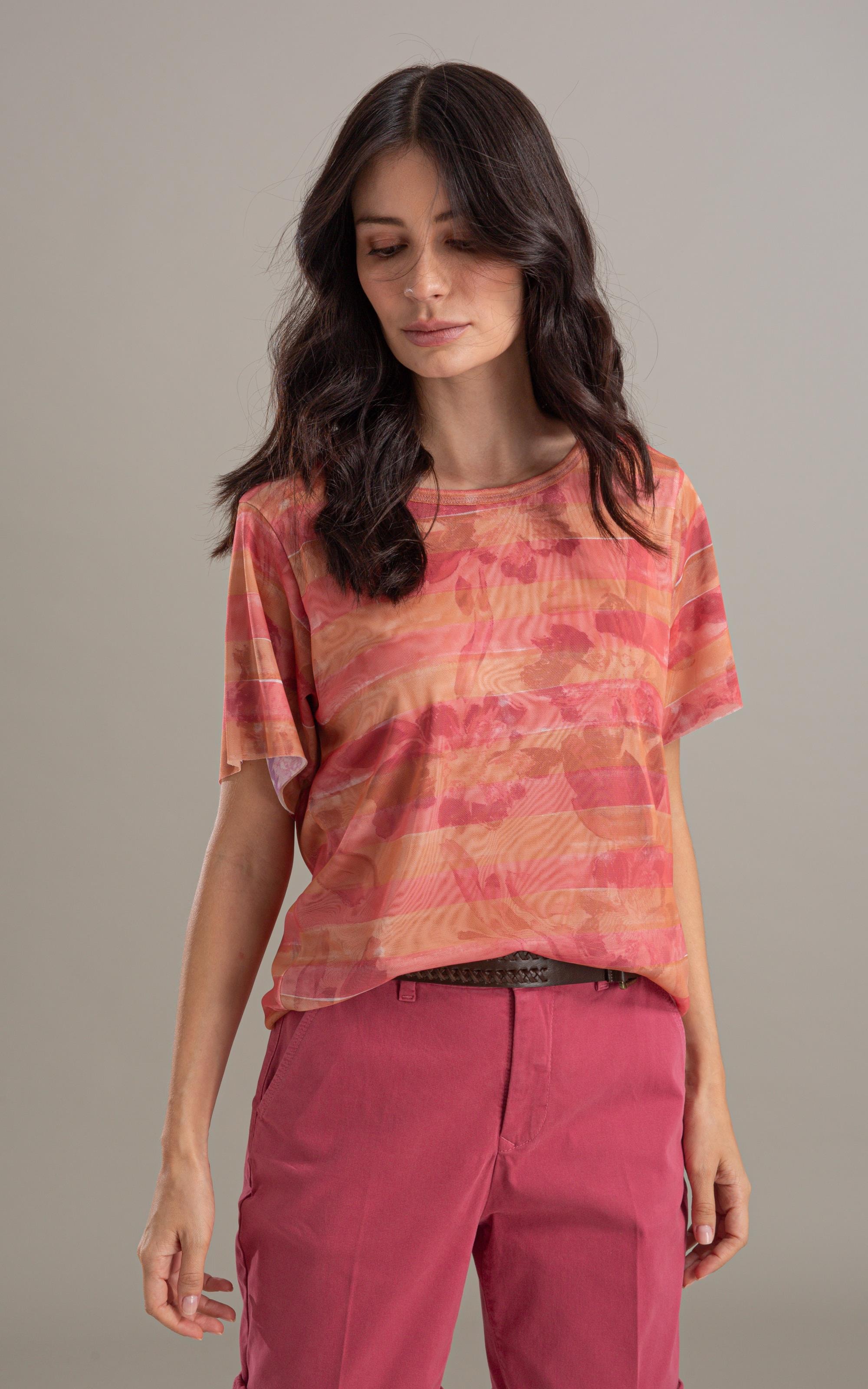 Blusa Manoela Tule Estampa Listra Flor Laranja