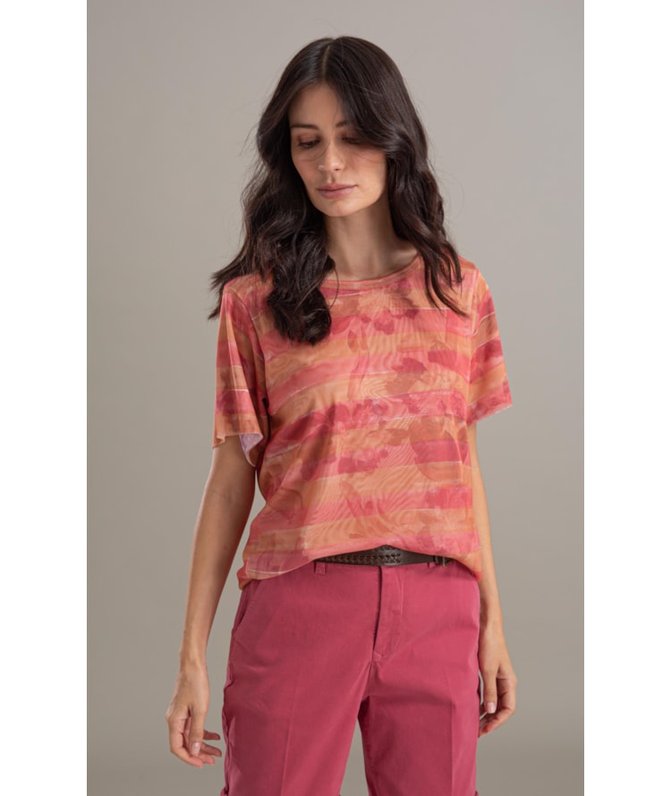 Blusa Manoela Tule Estampa Listra Flor Laranja