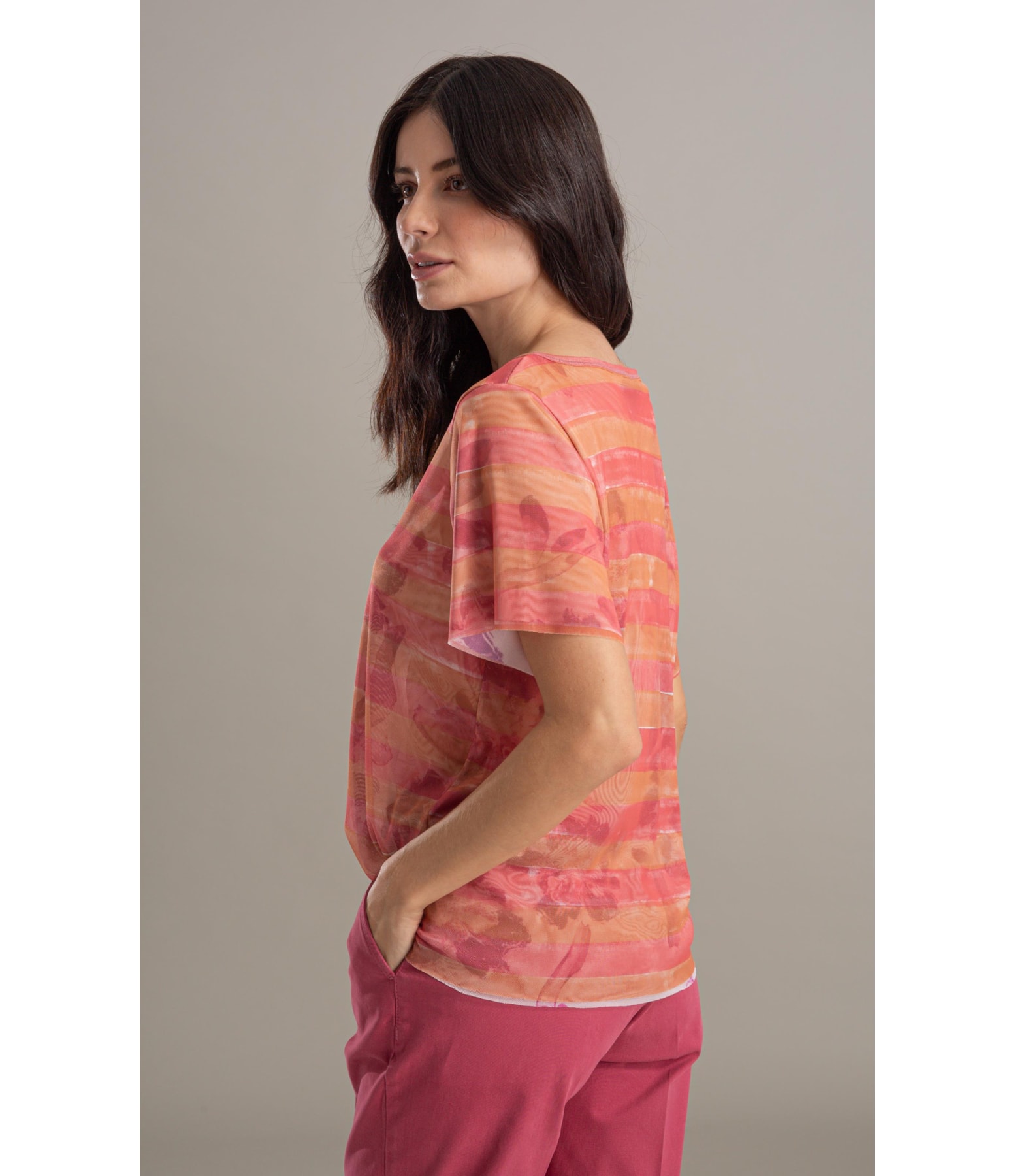 Blusa Manoela Tule Estampa Listra Flor Laranja