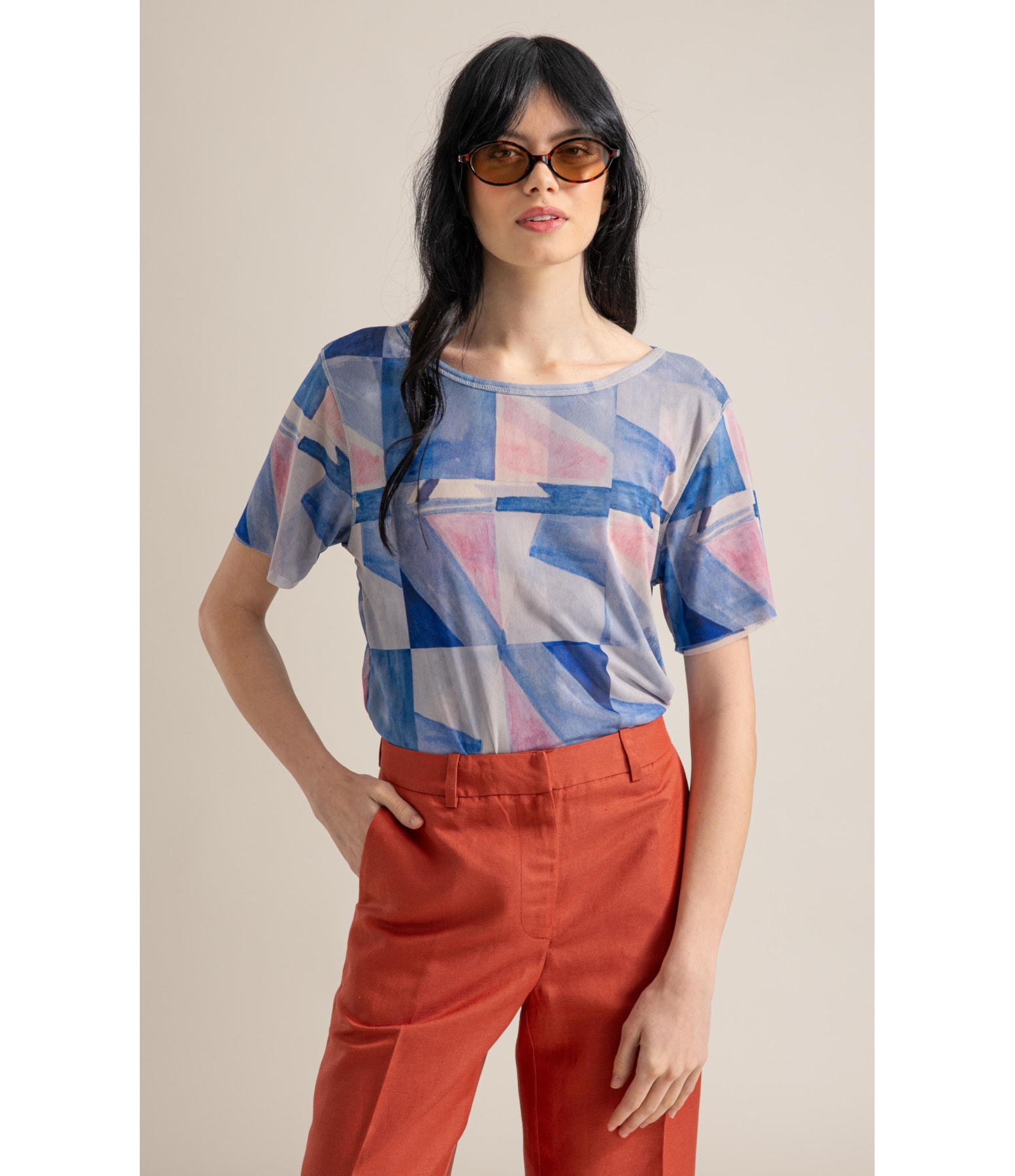 Blusa Manoela Tule Estampa Mosaico Mc Azul Bic