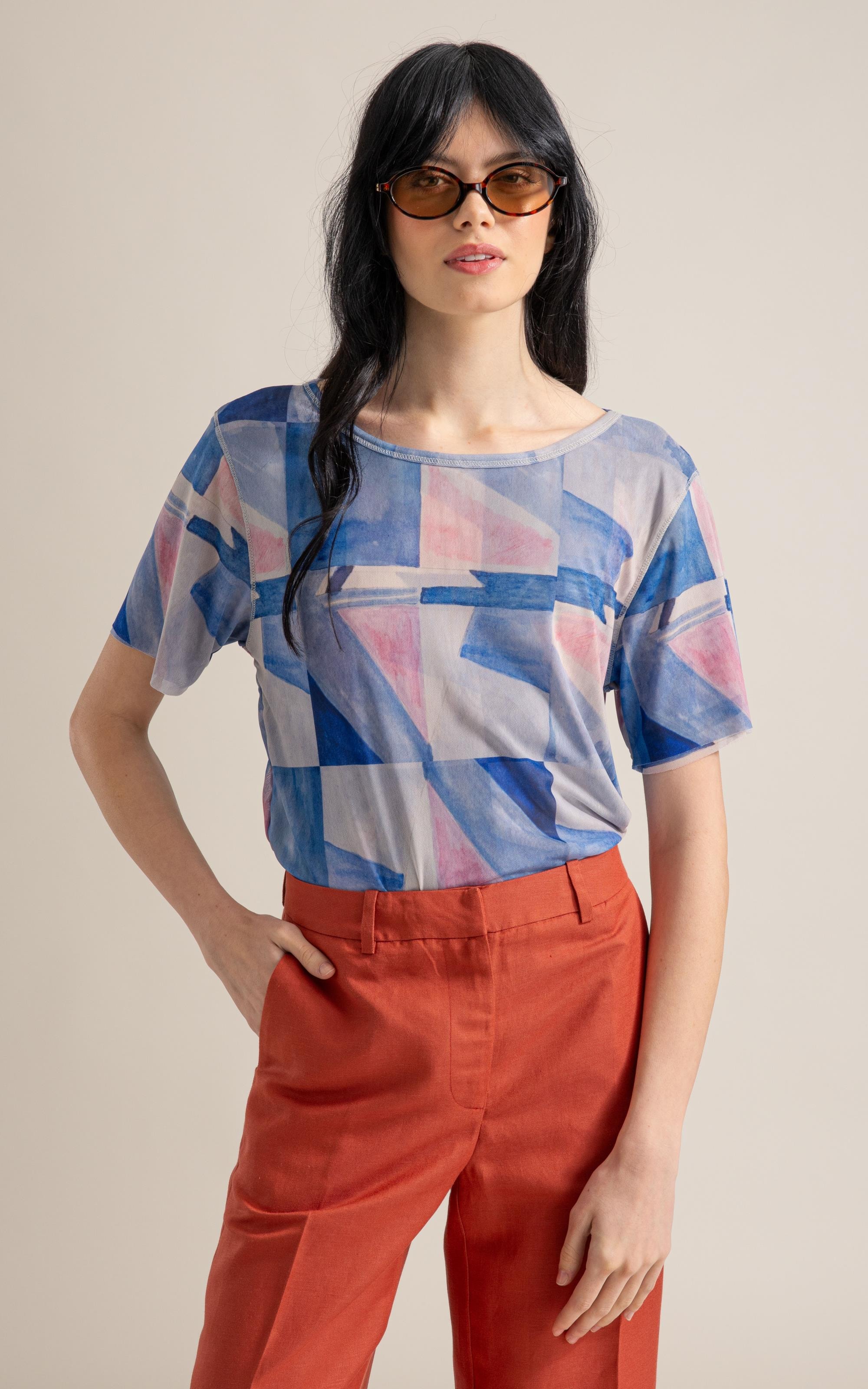 Blusa Manoela Tule Estampa Mosaico Mc Azul Bic