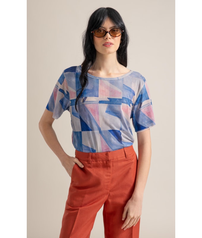 Blusa Manoela Tule Estampa Mosaico Mc Azul Bic