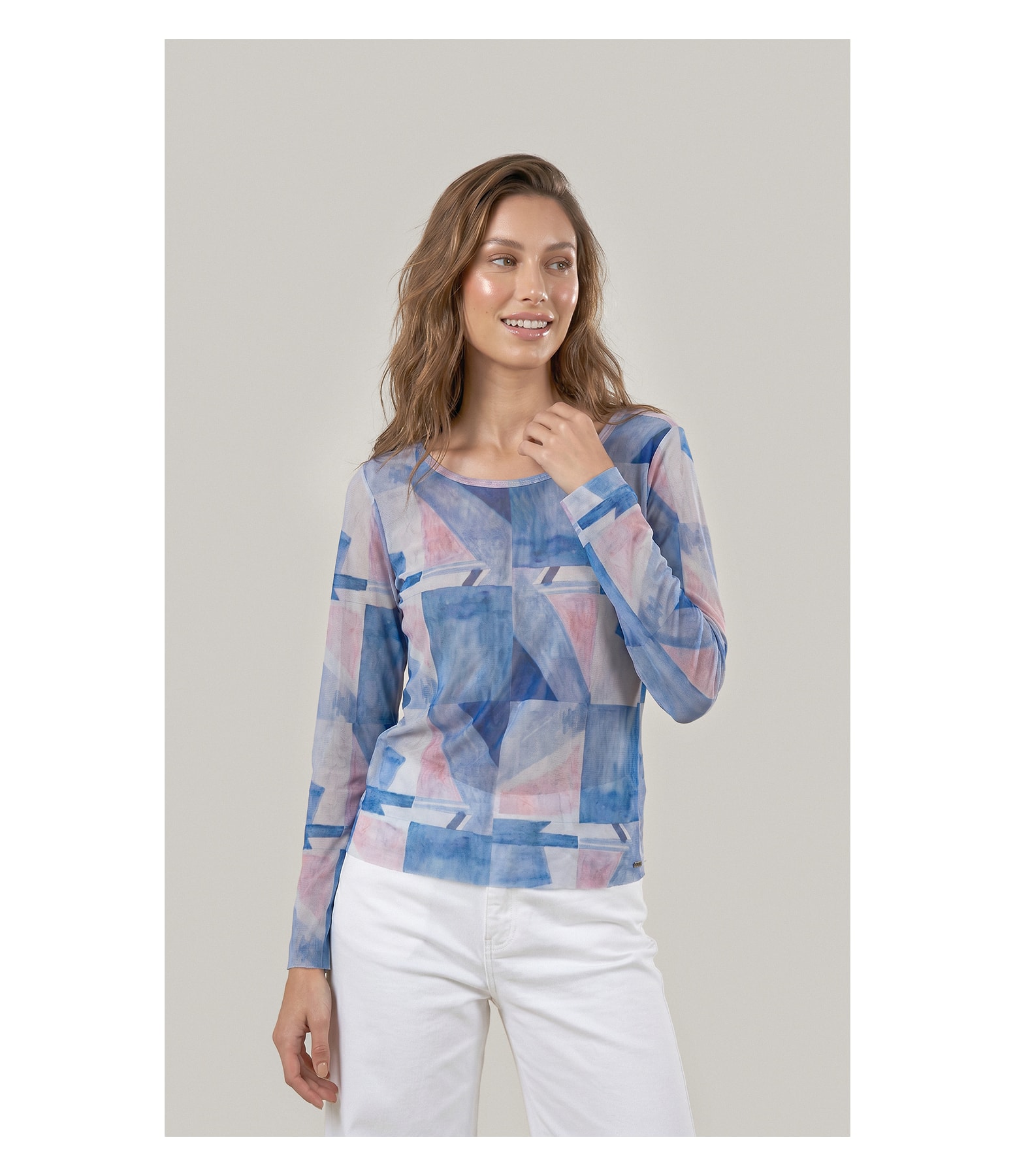 Blusa Melina Tule Estampa Mosaico Ml Azul Bic