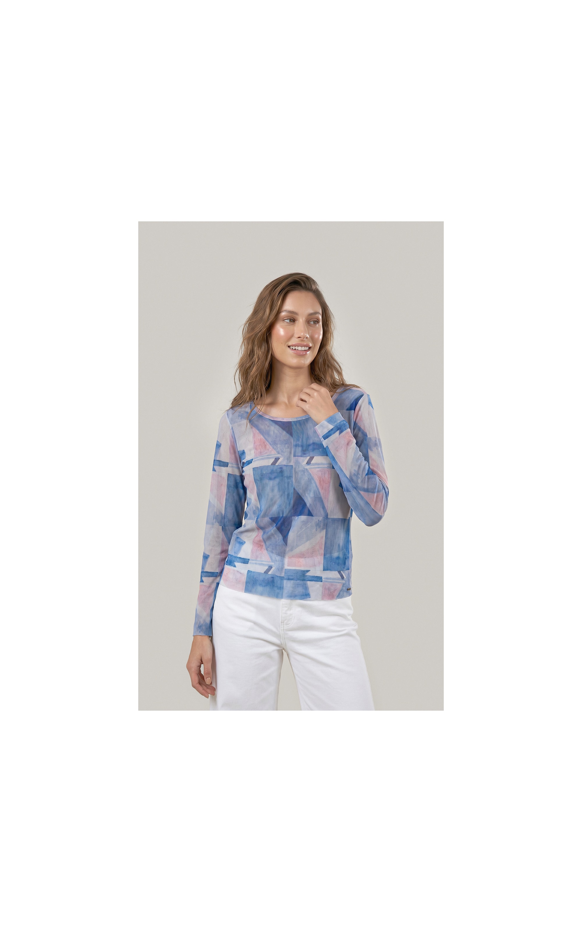 Blusa Melina Tule Estampa Mosaico Ml Azul Bic