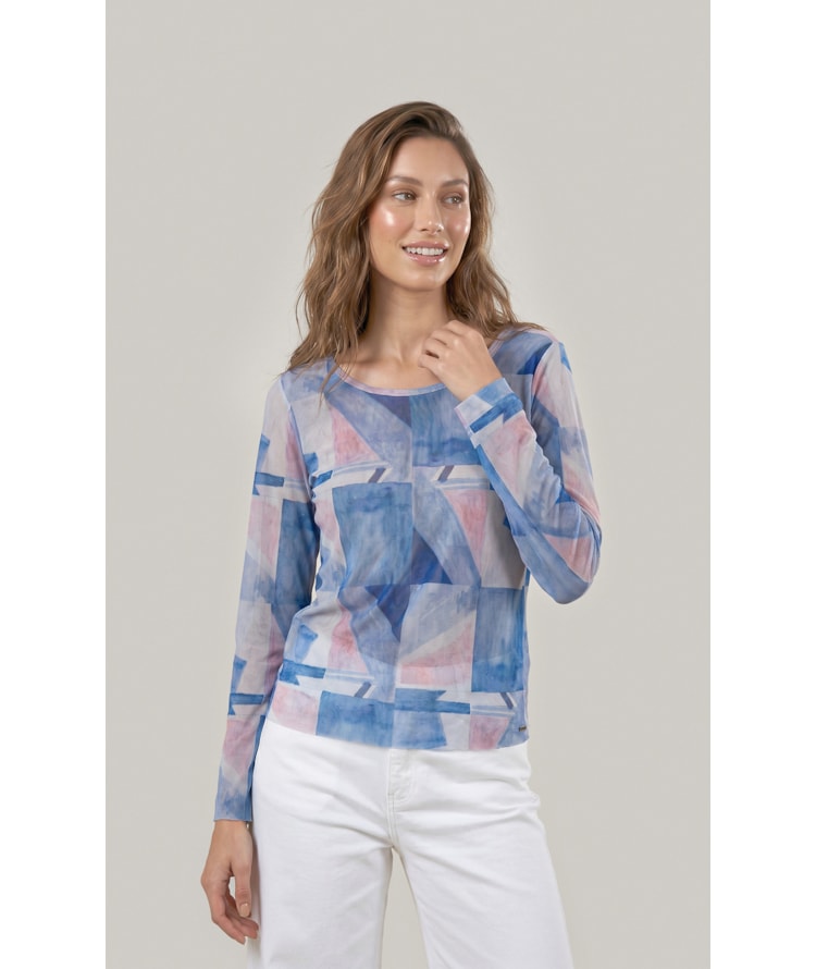 Blusa Melina Tule Estampa Mosaico Ml Azul Bic
