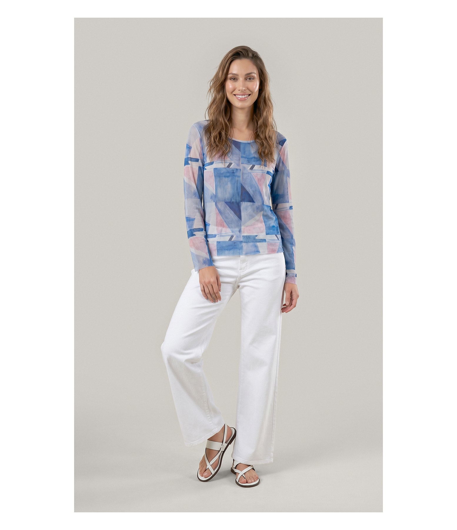Blusa Melina Tule Estampa Mosaico Ml Azul Bic