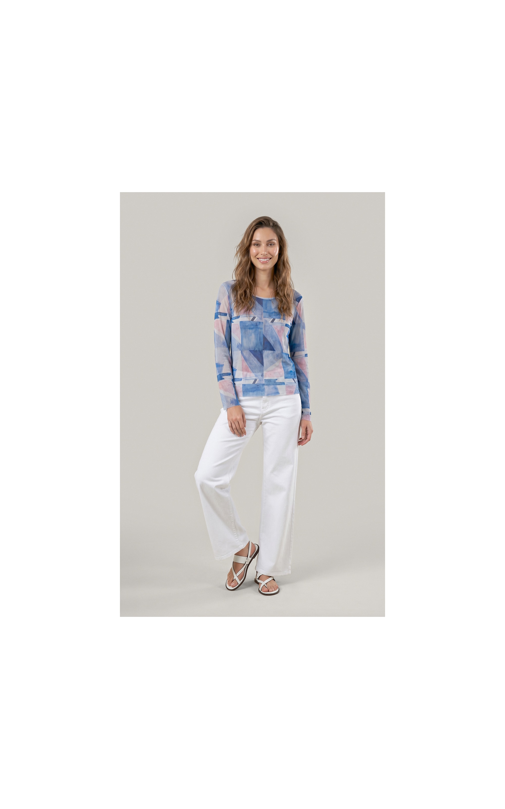 Blusa Melina Tule Estampa Mosaico Ml Azul Bic