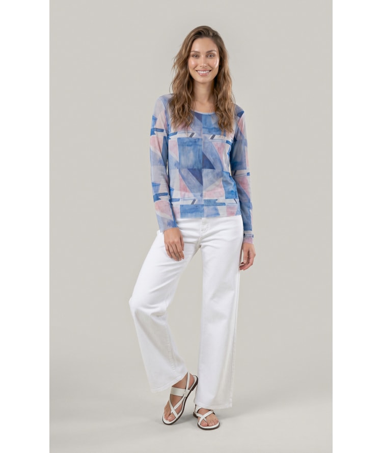 Blusa Melina Tule Estampa Mosaico Ml Azul Bic