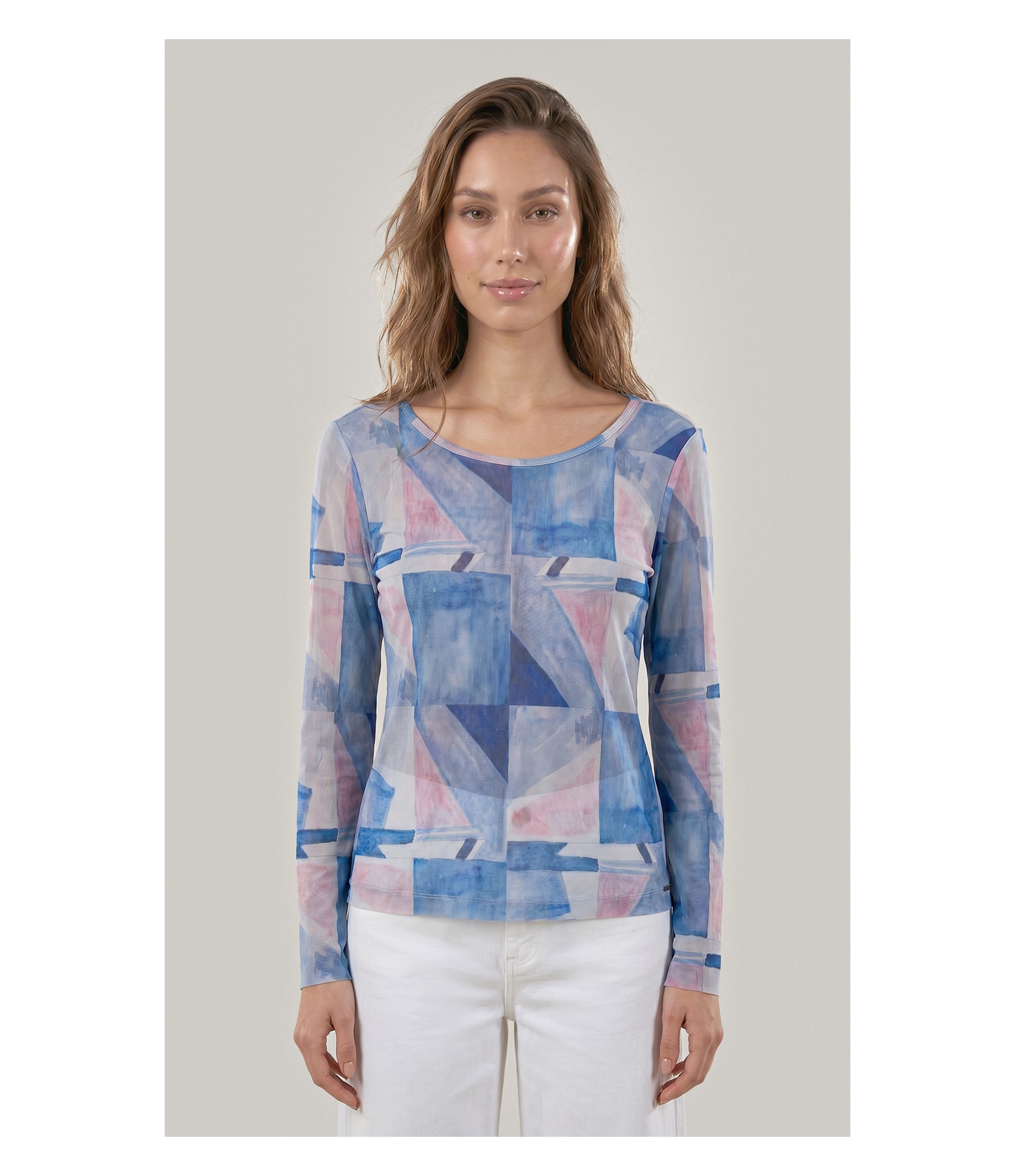 Blusa Melina Tule Estampa Mosaico Ml Azul Bic