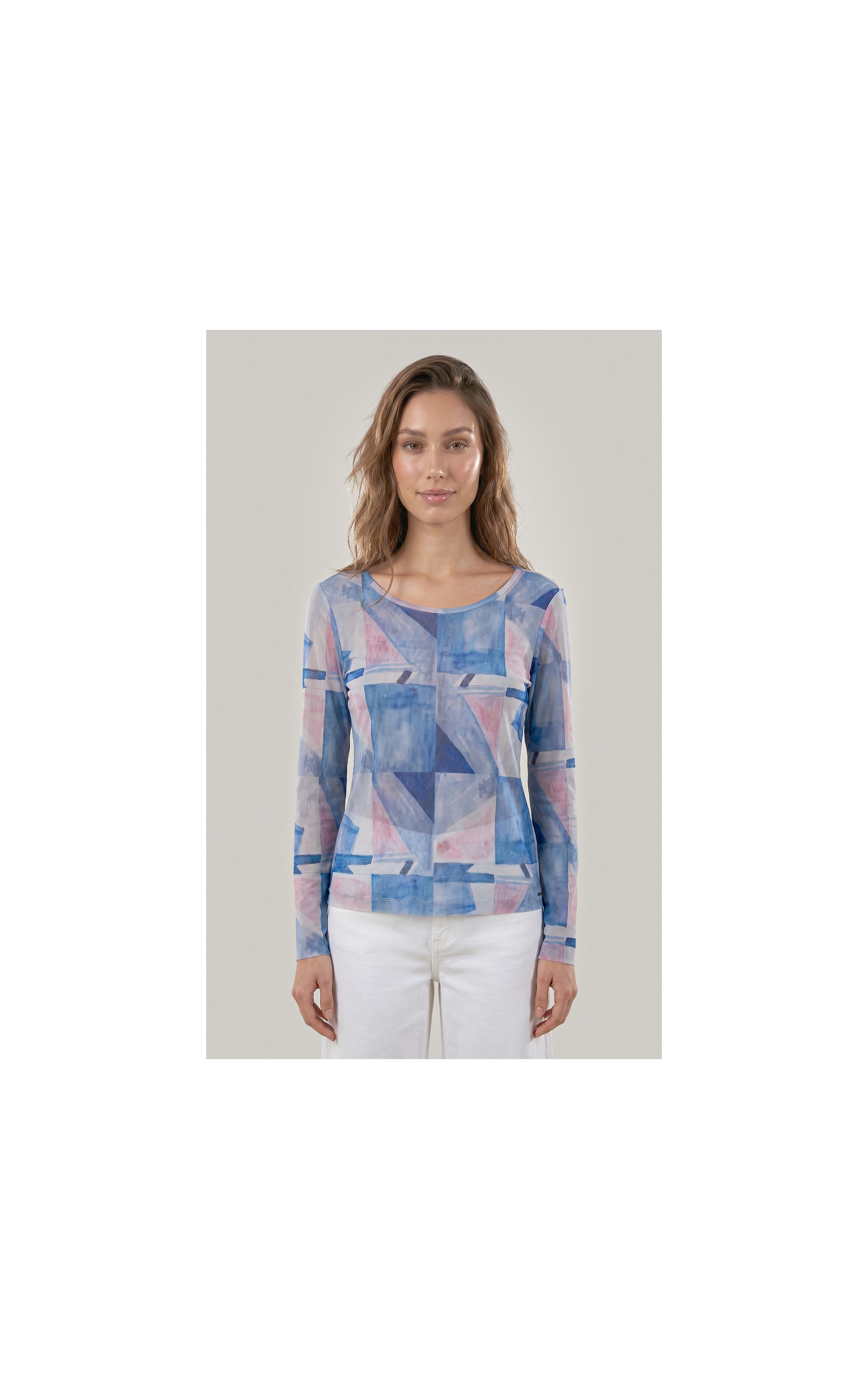 Blusa Melina Tule Estampa Mosaico Ml Azul Bic