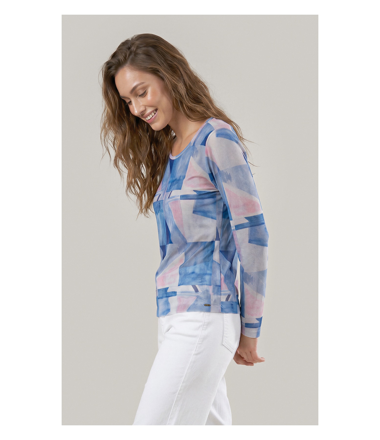 Blusa Melina Tule Estampa Mosaico Ml Azul Bic