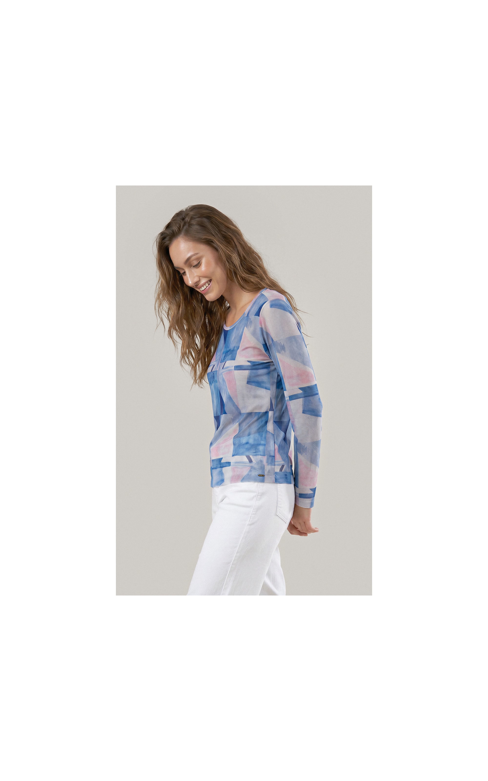 Blusa Melina Tule Estampa Mosaico Ml Azul Bic