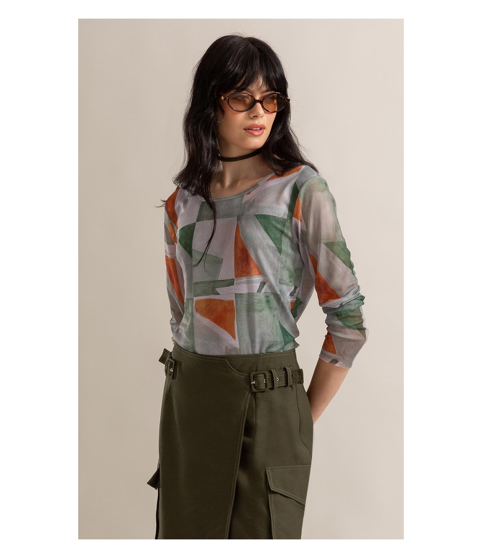 Blusa Melina Tule Estampa Mosaico Ml Verde