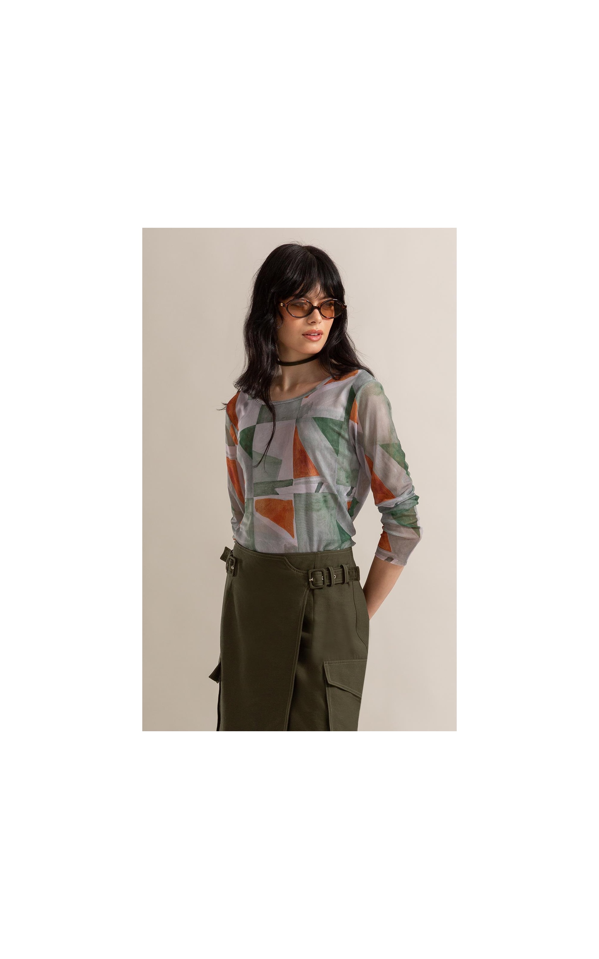 Blusa Melina Tule Estampa Mosaico Ml Verde