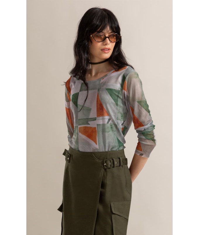 Blusa Melina Tule Estampa Mosaico Ml Verde