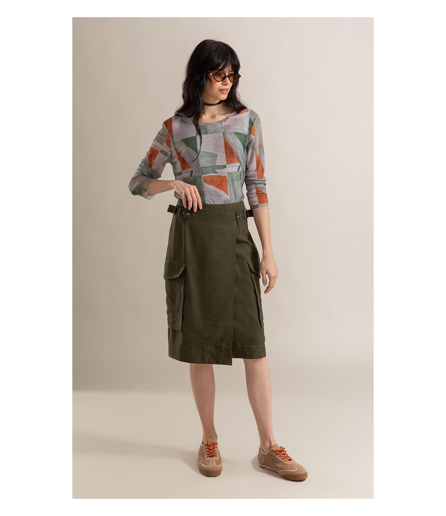 Blusa Melina Tule Estampa Mosaico Ml Verde