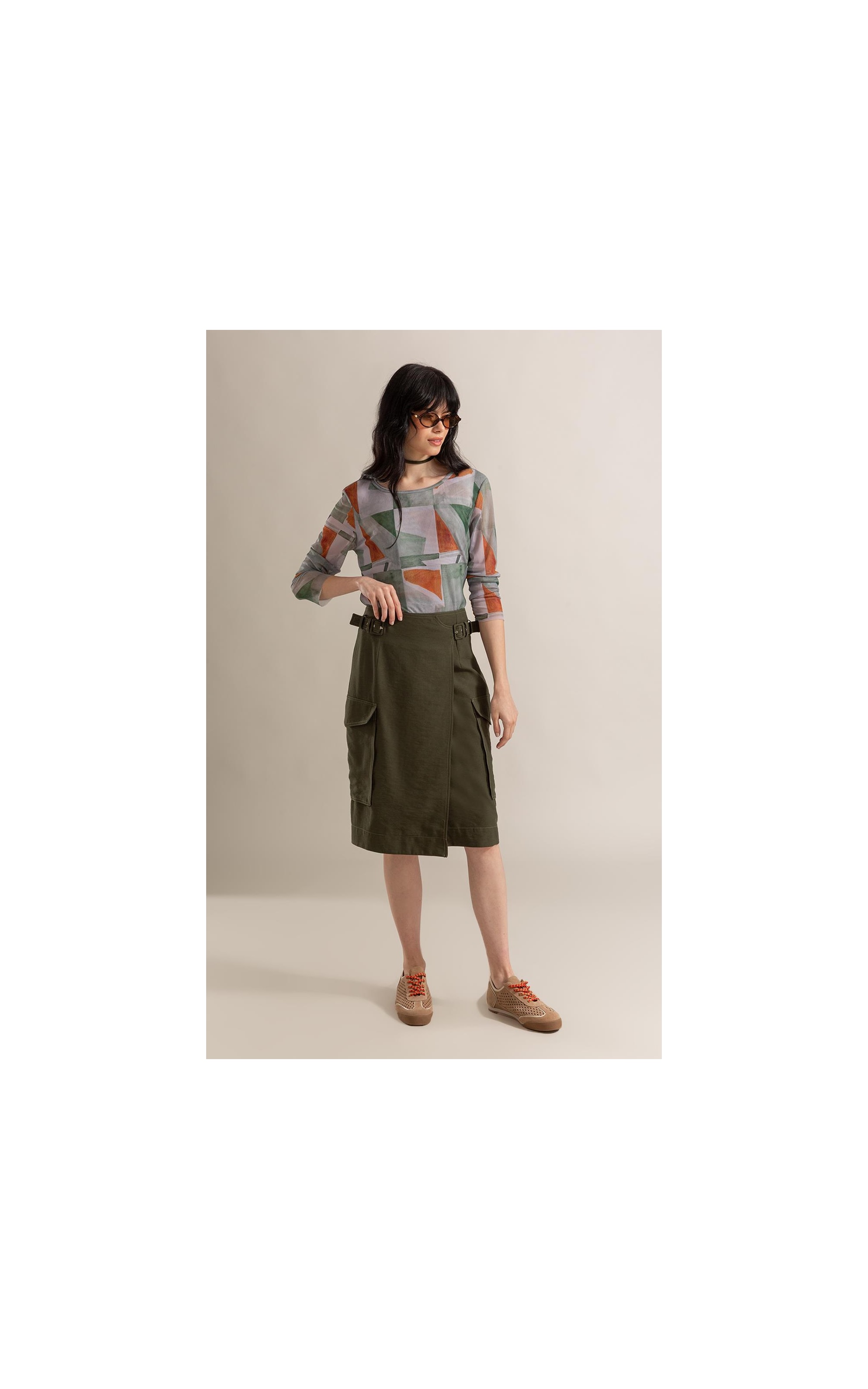 Blusa Melina Tule Estampa Mosaico Ml Verde