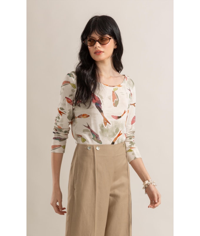 Blusa Misaki Decote v Estampa Pesce Lb Verde Army