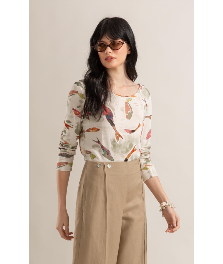 Blusa Misaki Decote v Estampa Pesce Lb Verde Army