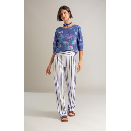 Calca Cecilia Reta Listras Linho Blend Royal