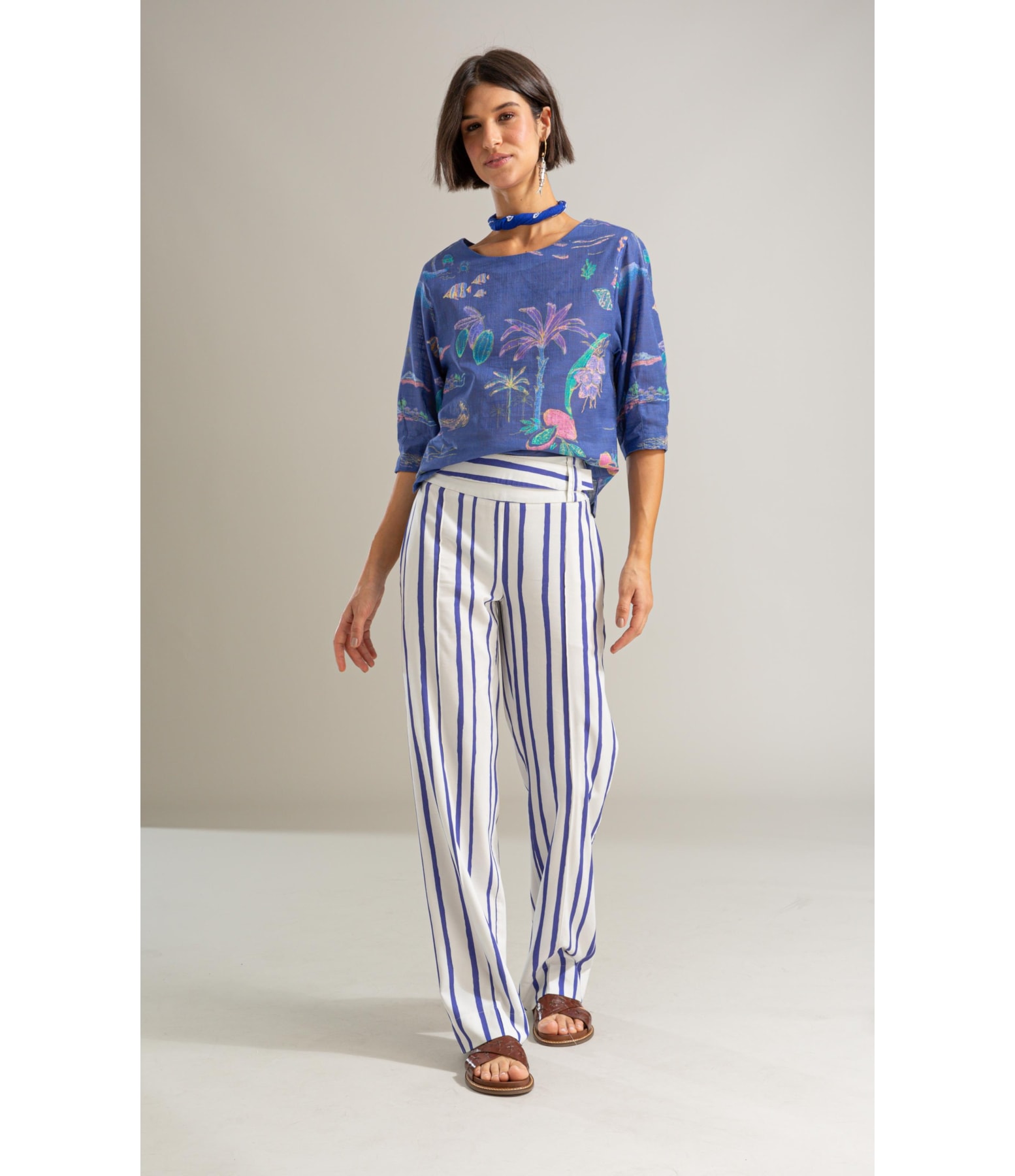 Calca Cecilia Reta Listras Linho Blend Royal