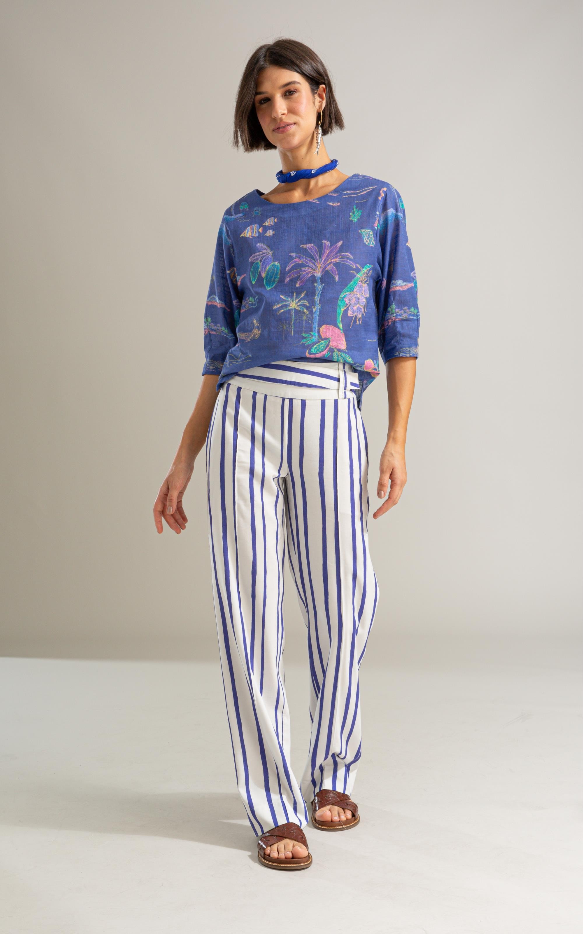 Calca Cecilia Reta Listras Linho Blend Royal