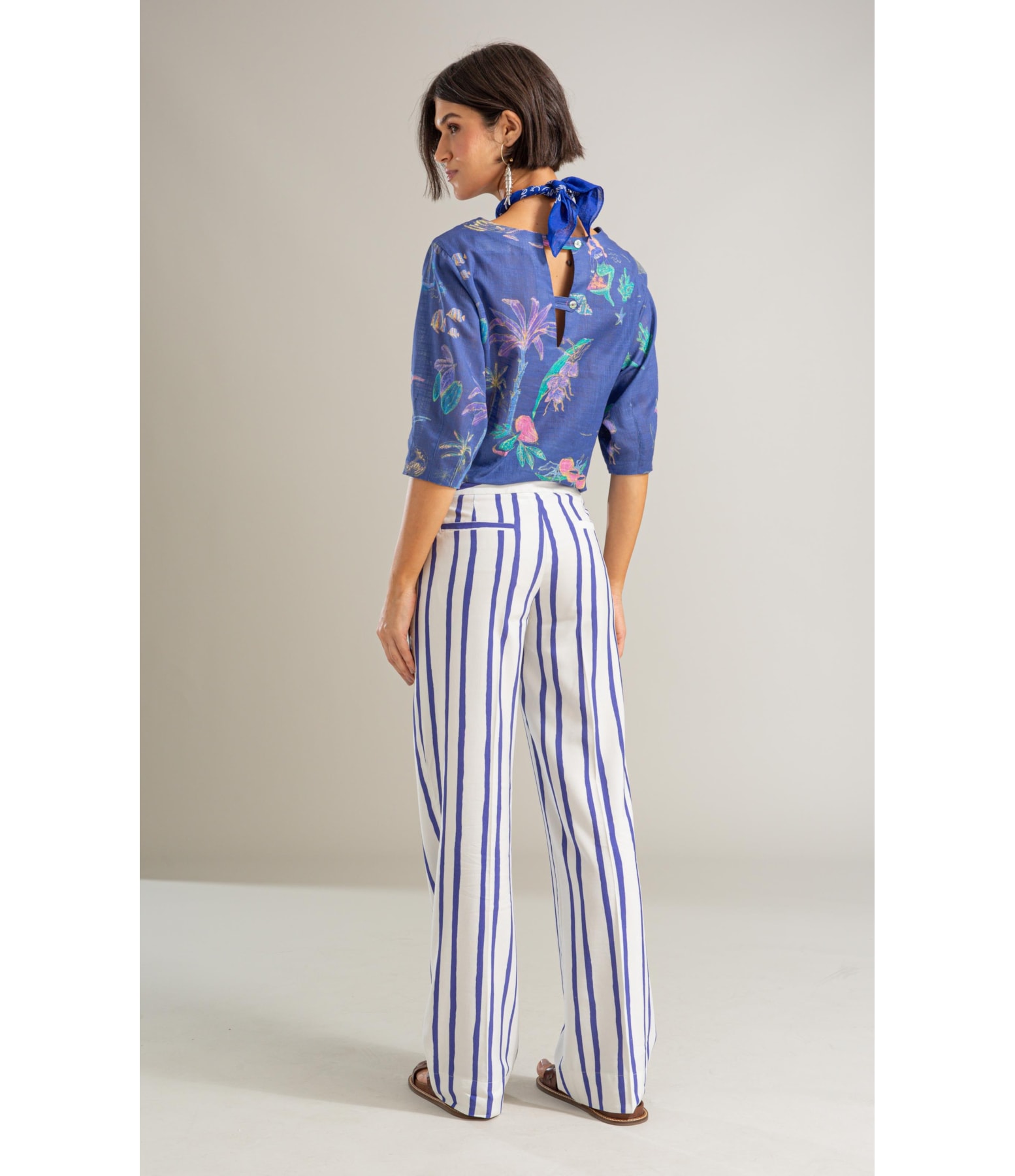 Calca Cecilia Reta Listras Linho Blend Royal