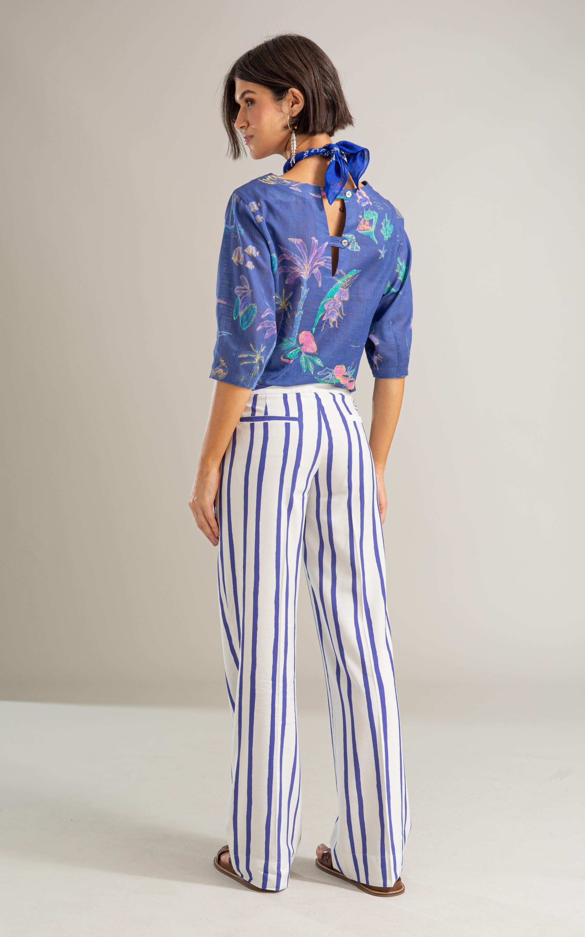 Calca Cecilia Reta Listras Linho Blend Royal