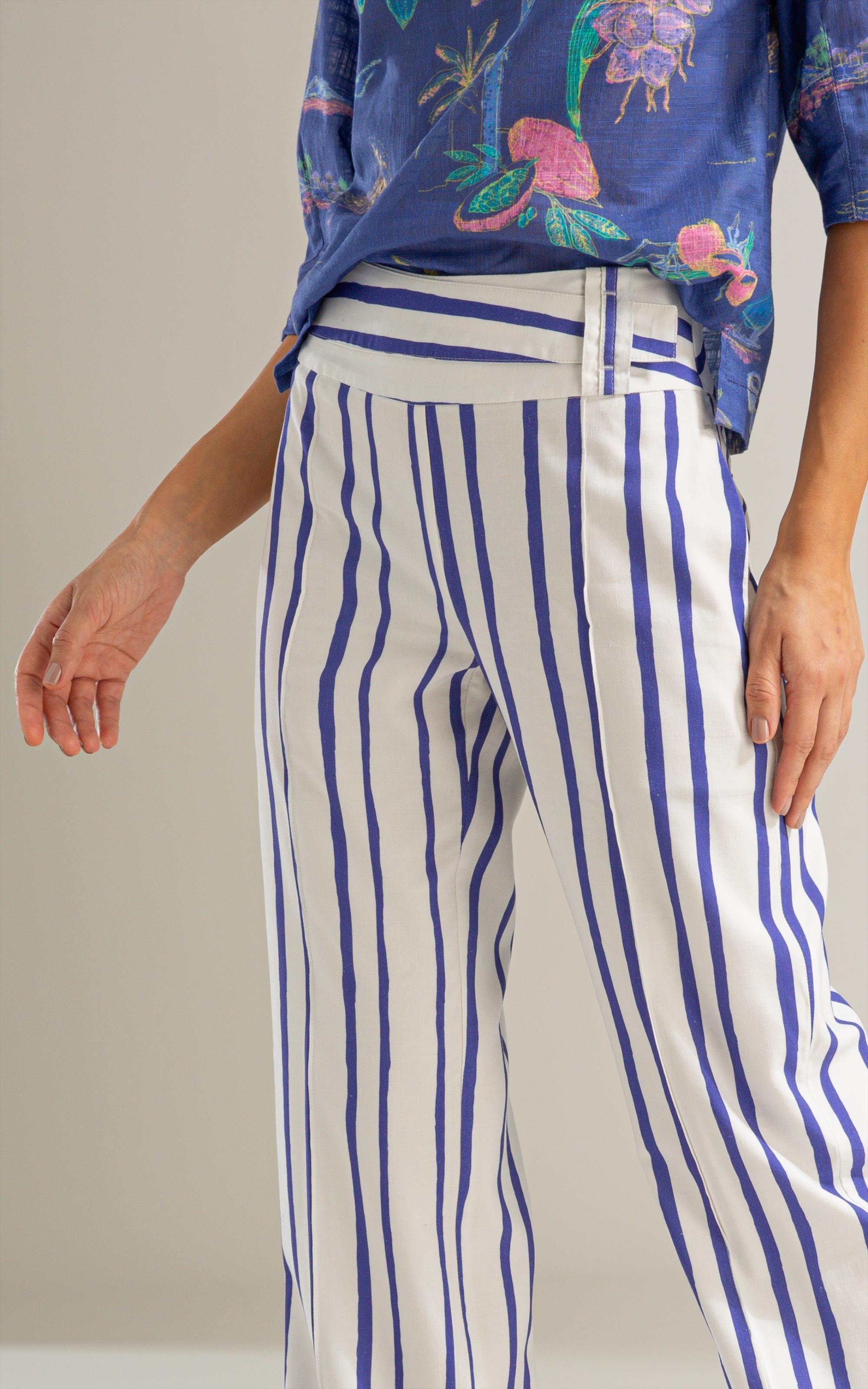 Calca Cecilia Reta Listras Linho Blend Royal