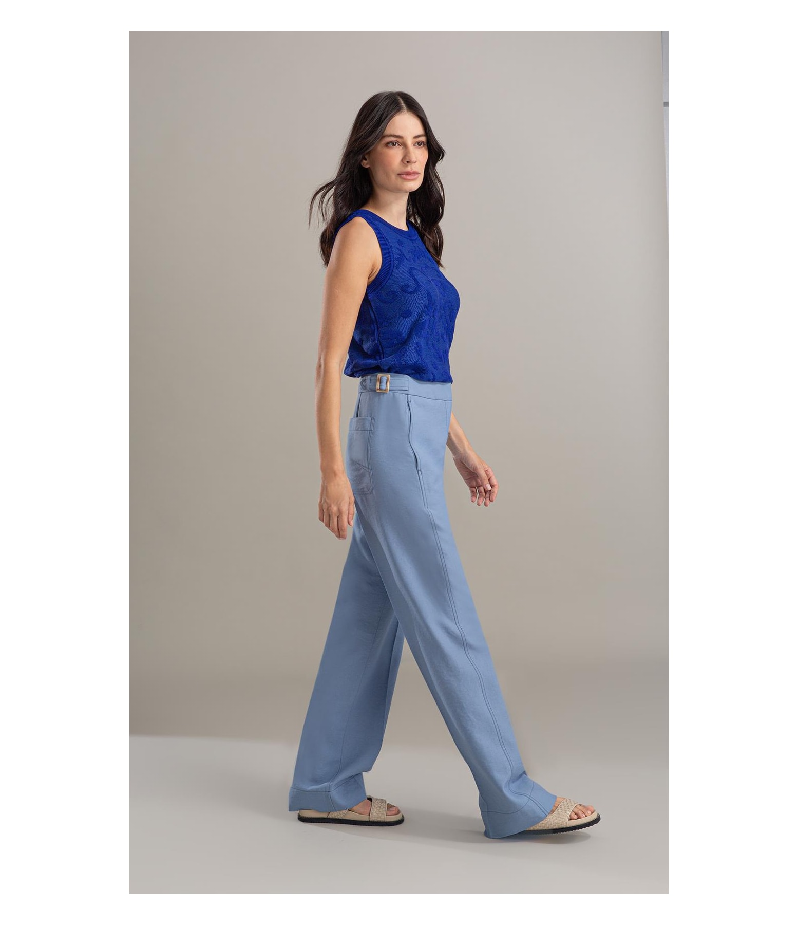 Calça Linho  Antunes Reta Azul Seco