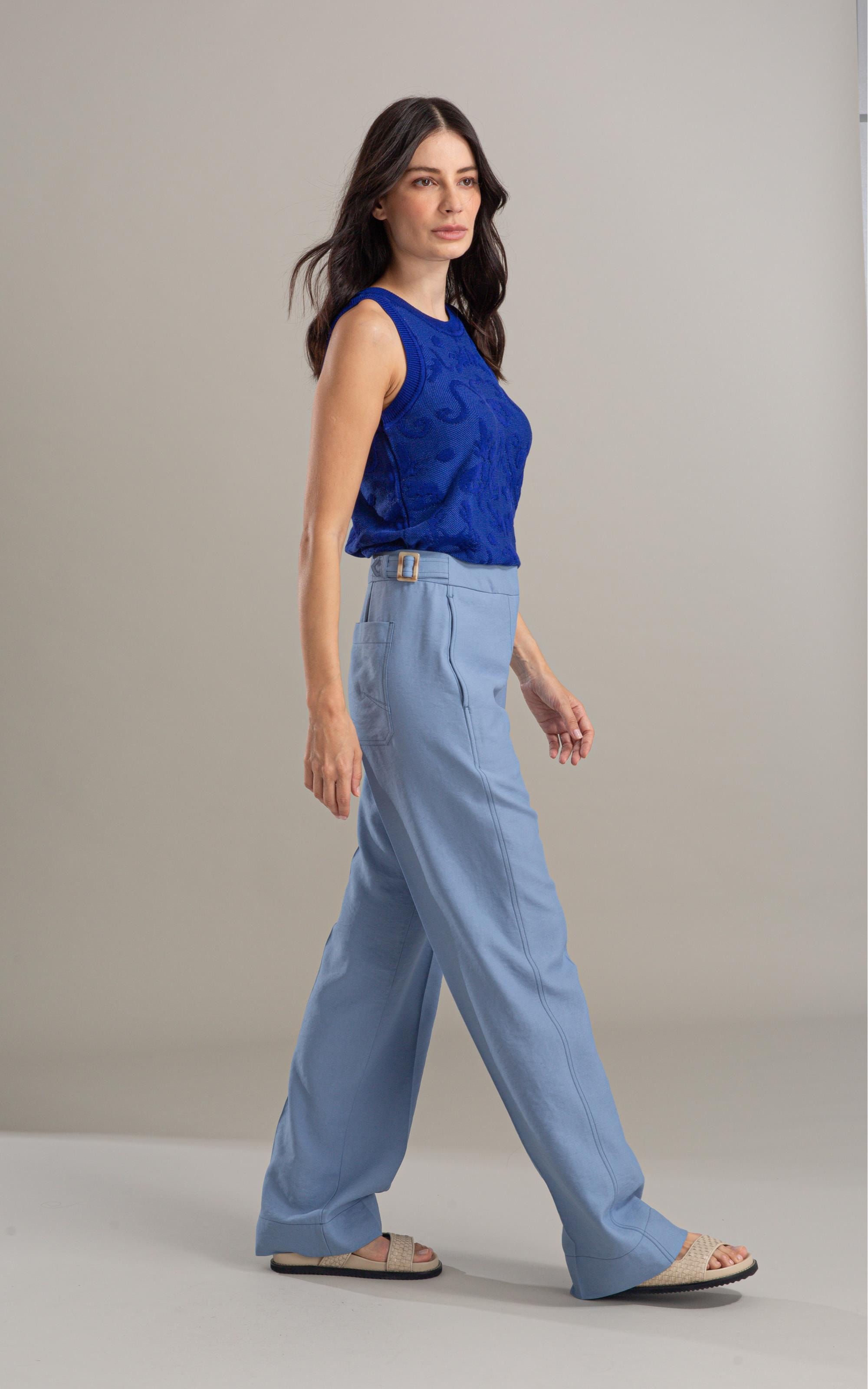 Calça Linho  Antunes Reta Azul Seco