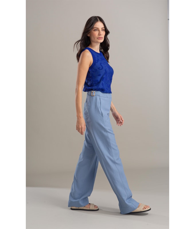 Calça Linho  Antunes Reta Azul Seco