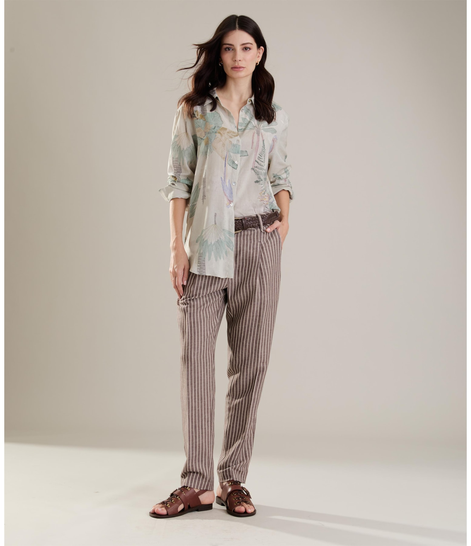 Calça Linho  Carrot  Striped Marrom