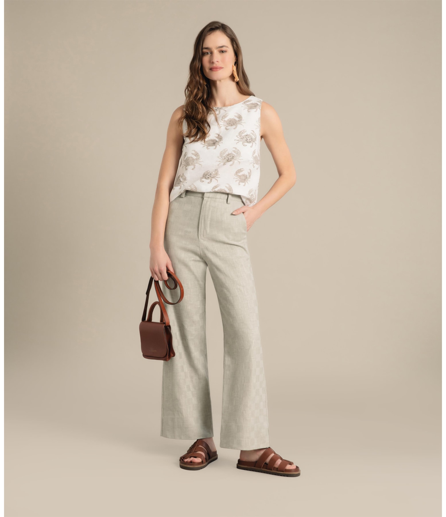 Calça Linho  Chloe Checks Cinza Claro