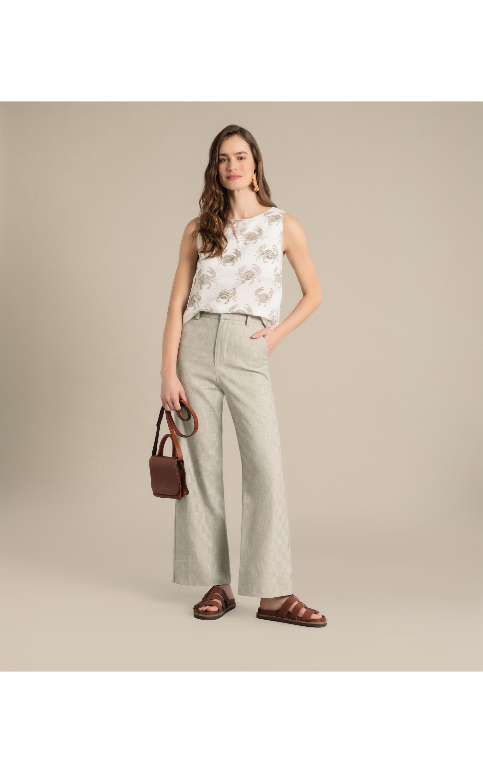 Calça Linho  Chloe Checks Cinza Claro