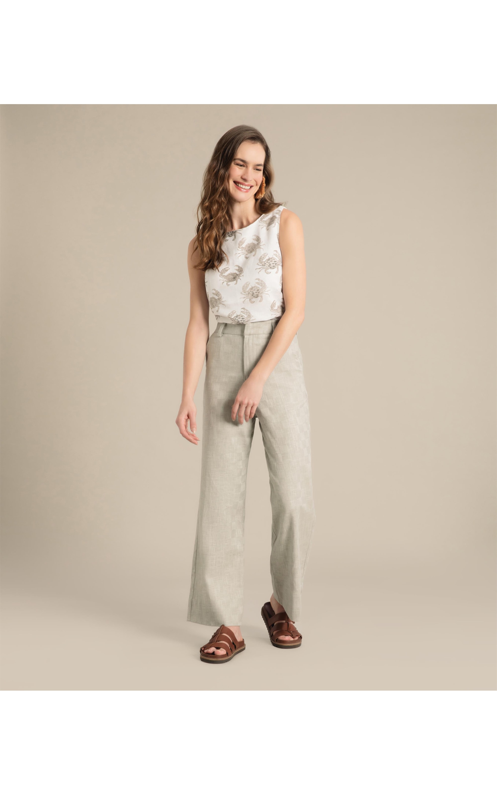 Calça Linho  Chloe Checks Cinza Claro