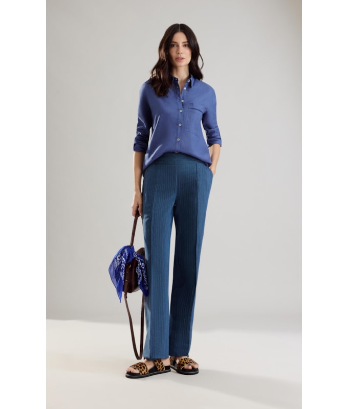 Calça Linho Laguna Chevil Pesponto Marinho