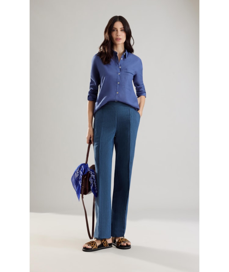 Calça Linho Laguna Chevil Pesponto Marinho