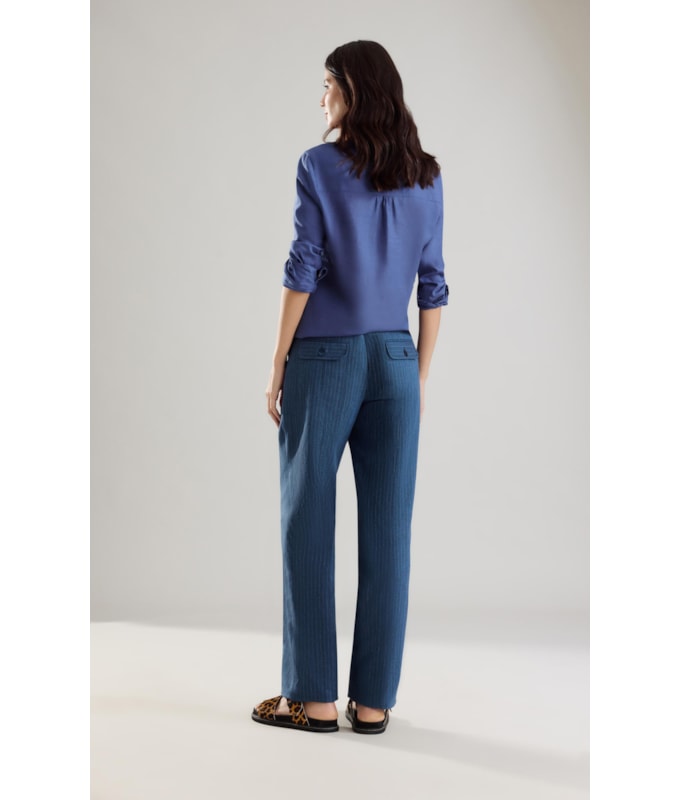 Calça Linho Laguna Chevil Pesponto Marinho