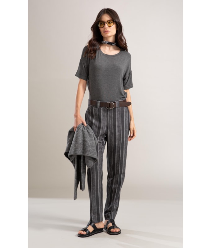 Calça Linho  Nori Striped Preto