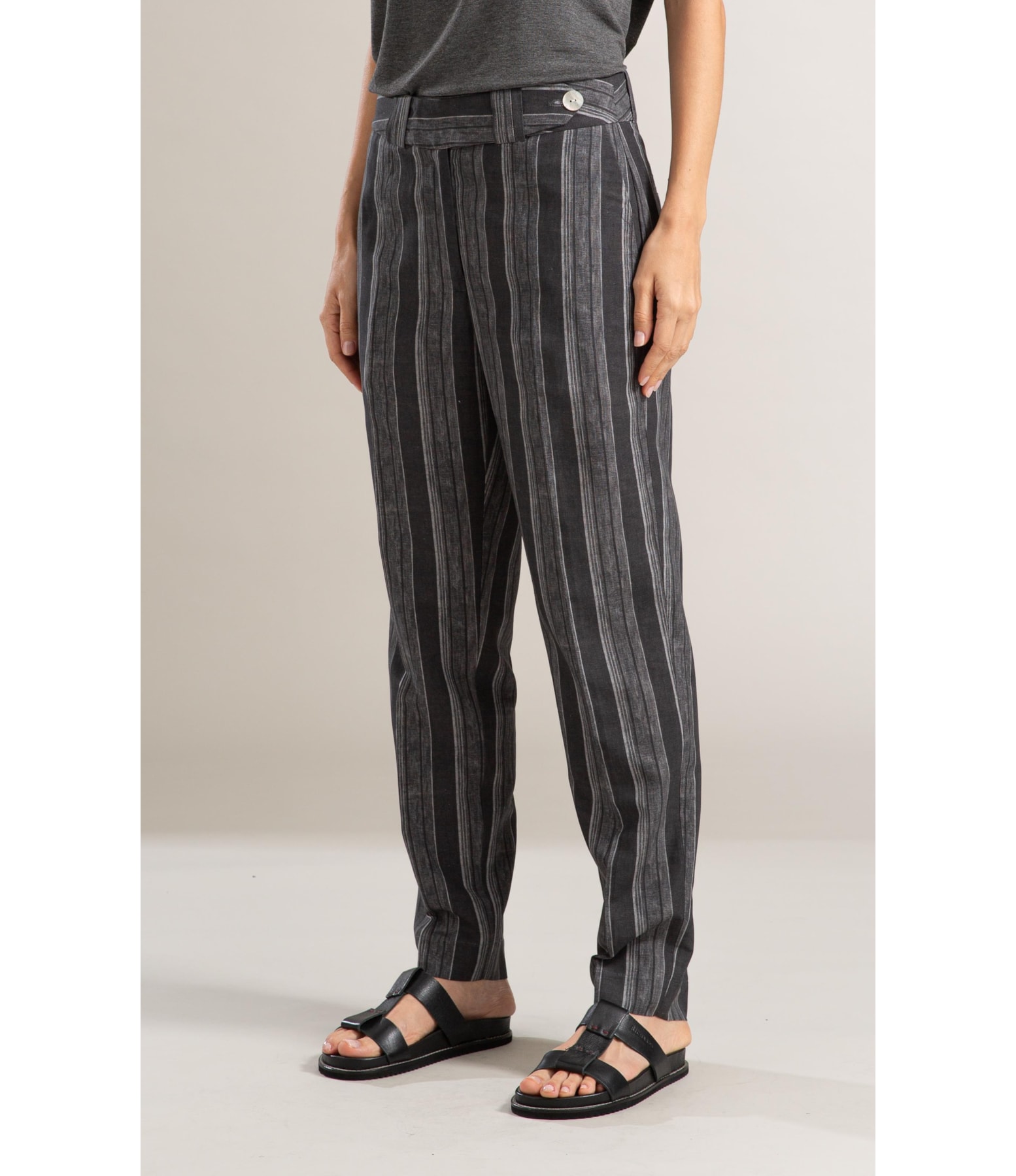 Calça Linho  Nori Striped Preto