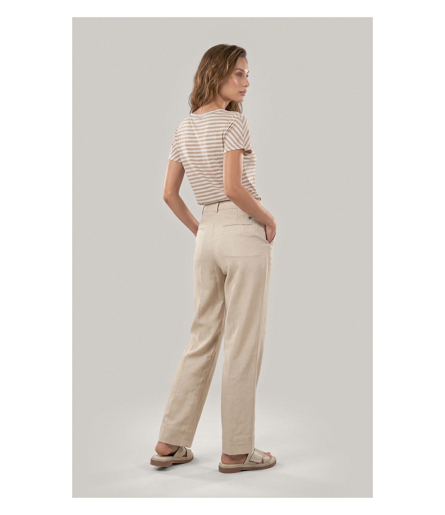 Calça Linho  Reta Bege