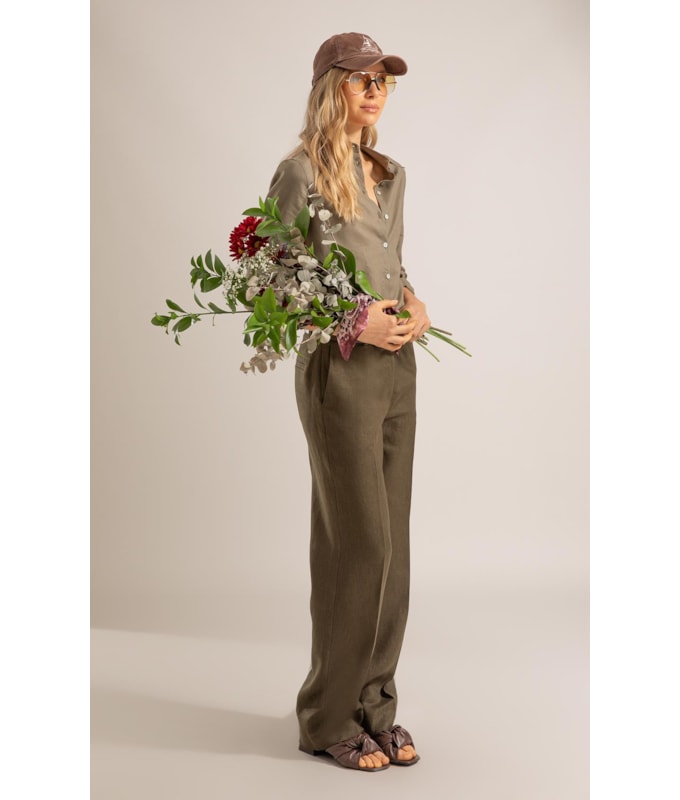 Calça Reta Puro Linho Verde Militar