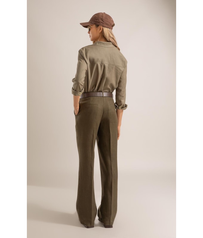 Calça Reta Puro Linho Verde Militar