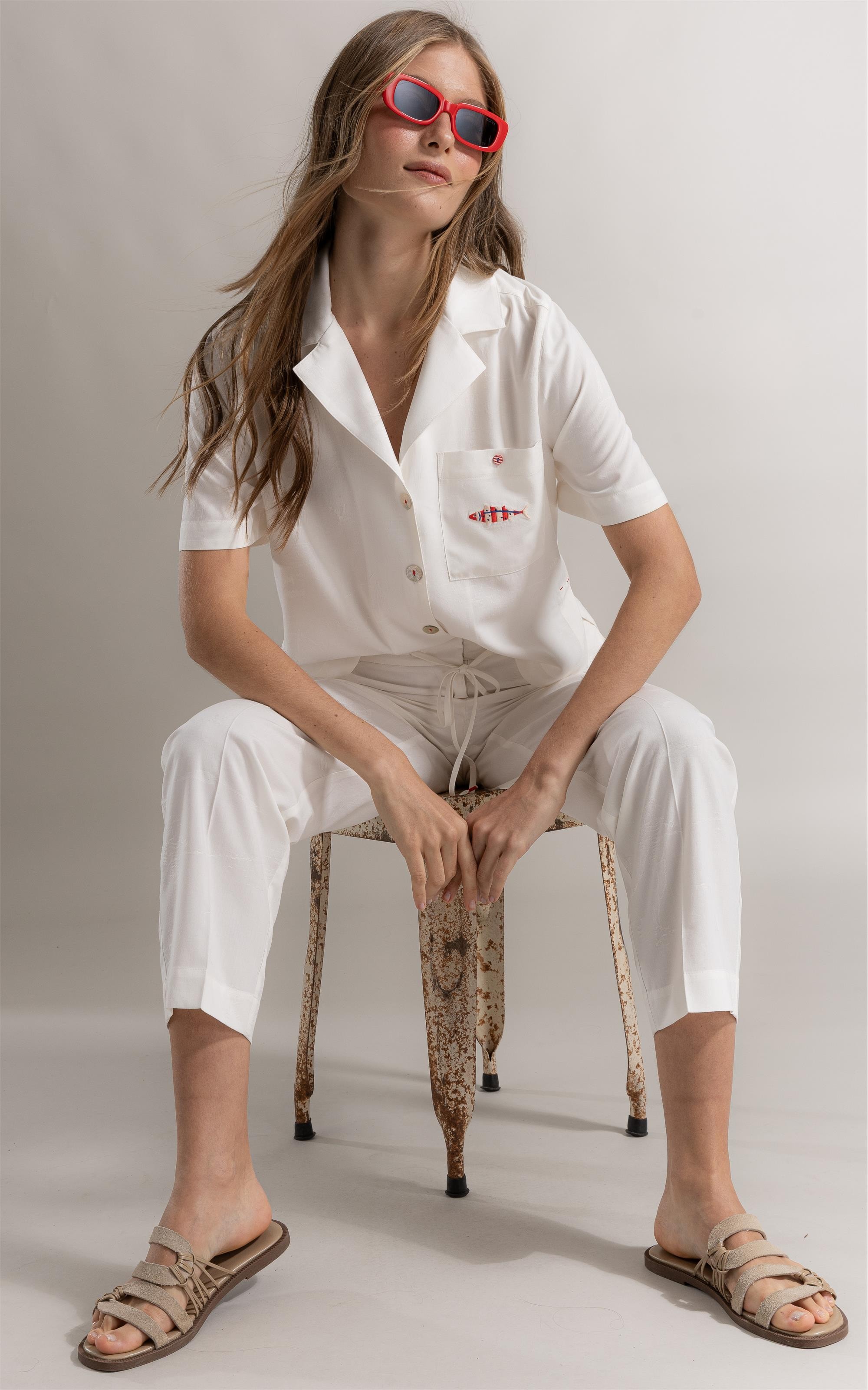 Calça Riviera Carrot Jacquard Sailor Branco