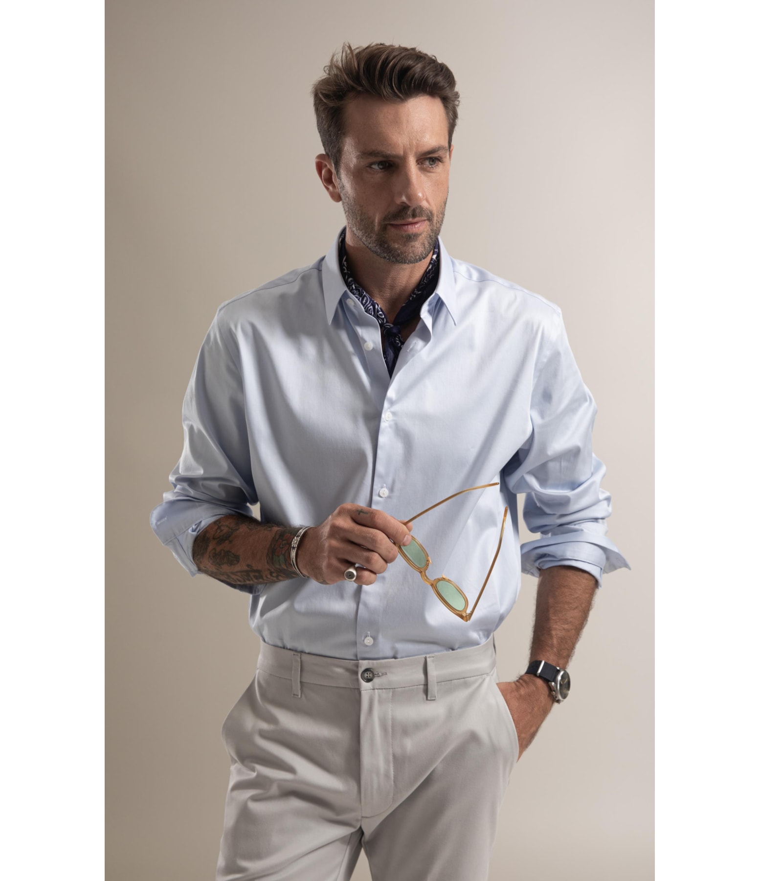 Camisa Cetim Lycra Ml Azul Claro