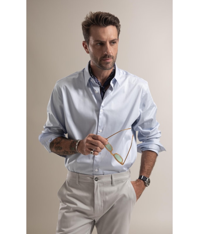 Camisa Cetim Lycra Ml Azul Claro