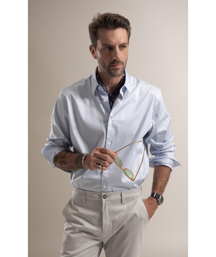 Camisa Cetim Lycra Ml Azul Claro